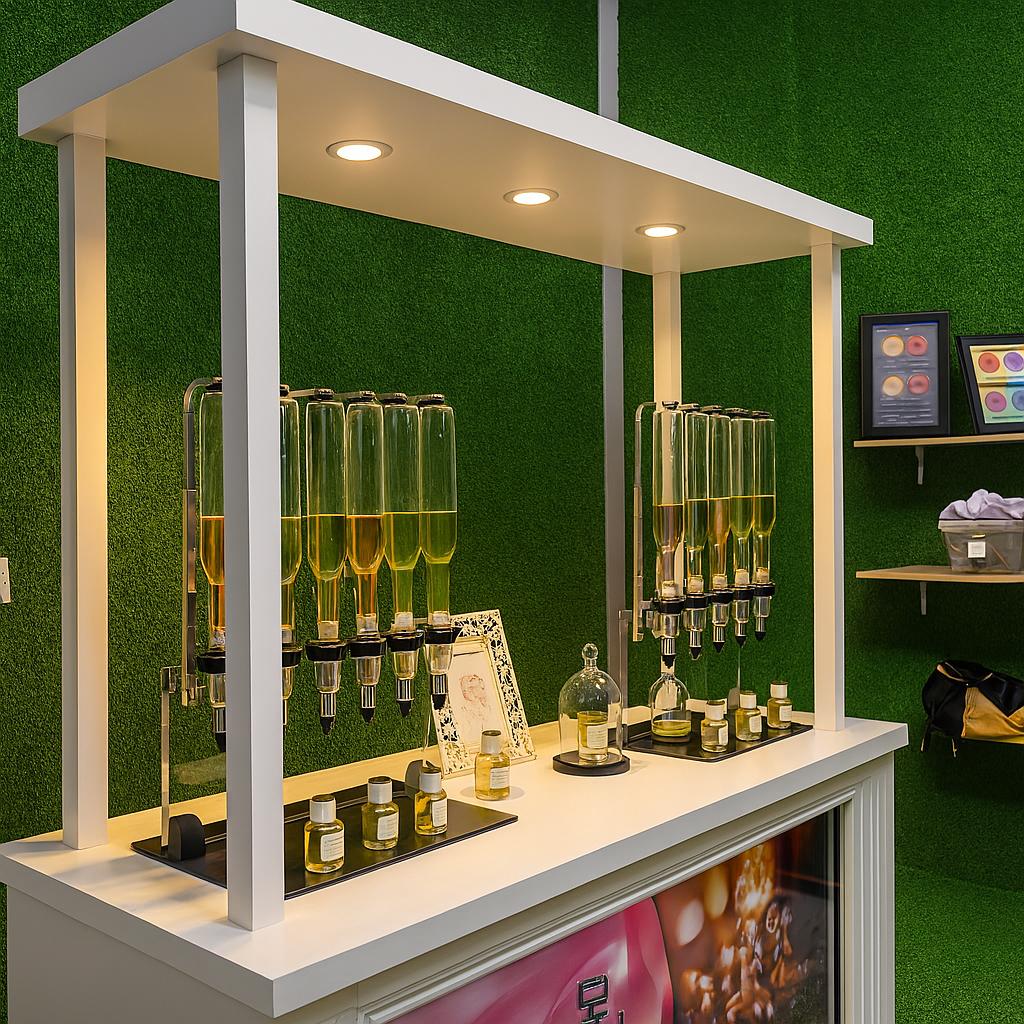 Perfume Booth setup in Dubai featuring a branded fragrance bar with colorful dispensers, interactive screen, and artificial grass backdrop for events and exhibitions